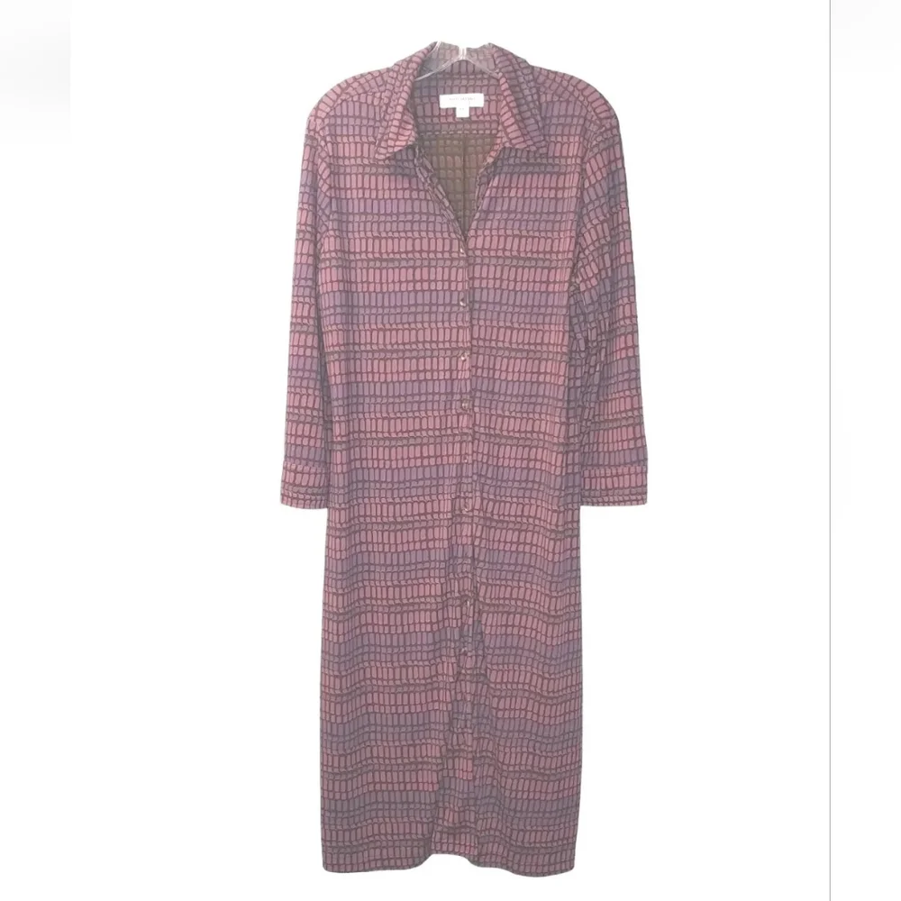 Isaac Mizhari Maxi Shirt Dress Woman XXL Duster Jacket Button Geometric Preppy
